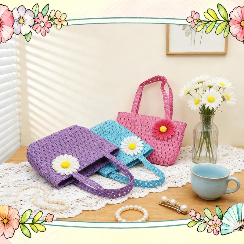Vafon 6Sets Girls Tea Party Straw Sun Hat and Purse Sets Kids Child Birthdays Easter Party Daisy Flower Sunflower Summer Beach Cap Travel Gift Assorted Colors (6Color) - Image 4